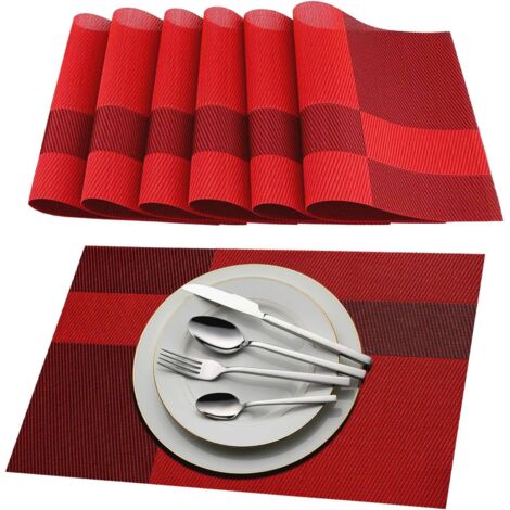 Manteles individuales de PVC rojo, antideslizantes, lavables, resistentes al calor, de vinilo tejido, 45 x 30 cm, juego de 6