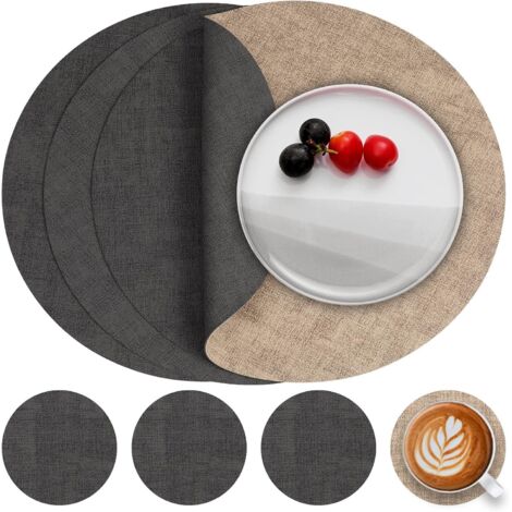 Manteles individuales y posavasos redondos, aptos para el desayuno, fabricados en plástico y cuero, impermeables y lavables cubiertos no incluidos.