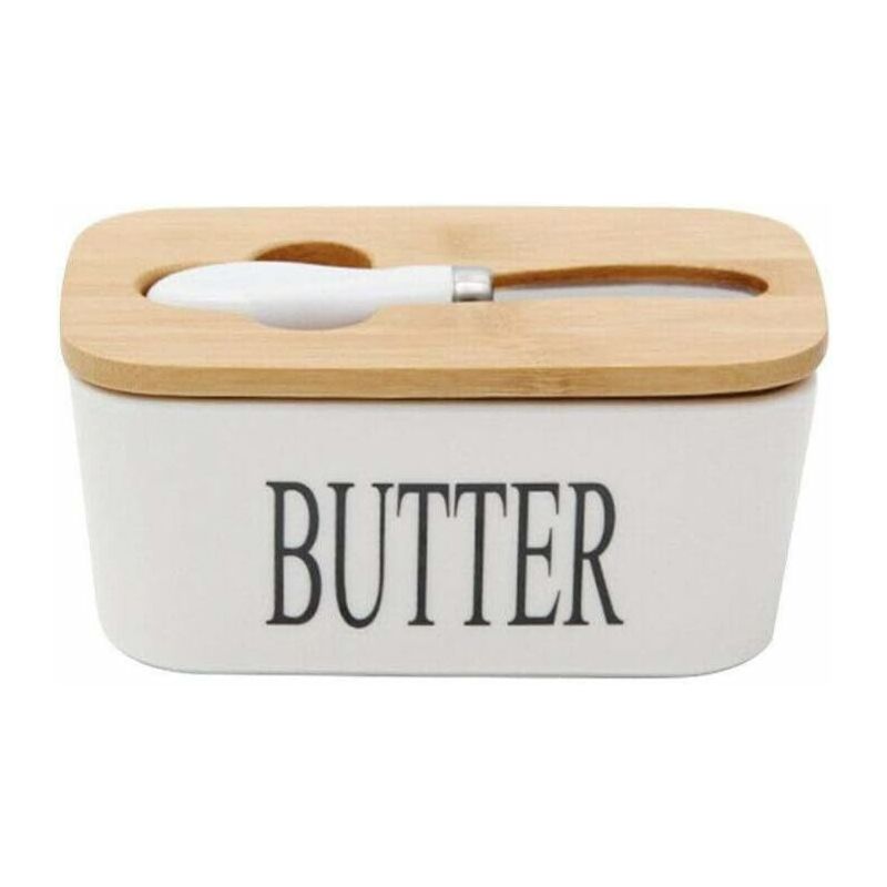 

Mantequilla de porcelana con cuchillo y tapa de madera para 250 g Blanco 16,5 x 10 x 7,5 cm