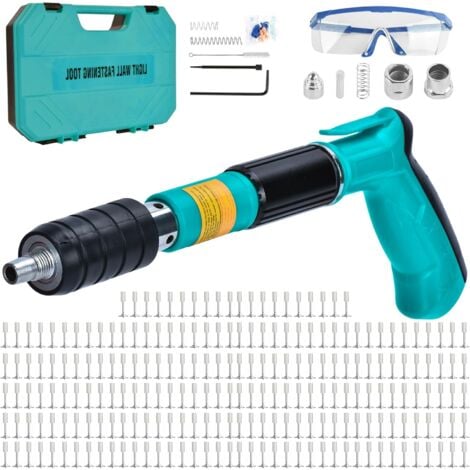 Manual Nail Gun with 220 Round Nails, 5 Gears Nail Gun Tool, Portable Steel Nail Gun, Adjustable Steel Nail Gun for Cement Wall, Household Tool with Glasses, Earplugs，Green