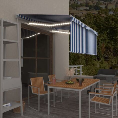 Manual Retractable Awning with Blind&LED 3x2.5m Blue&White vidaXL