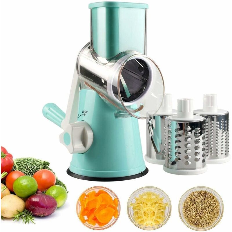 Bares - Manual Vegetable Cutter Vegetable Slicer Drum Grater Cheese Grinder with 3 Stainless Steel Drum Inserts.