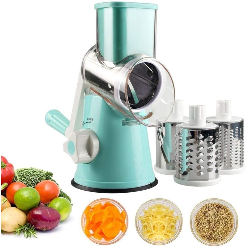 Manual Vegetable Cutter Vegetable Slicer Drum Grater Cheese Grinder with 3 Stainless Steel Drum Inserts (Blue) -a