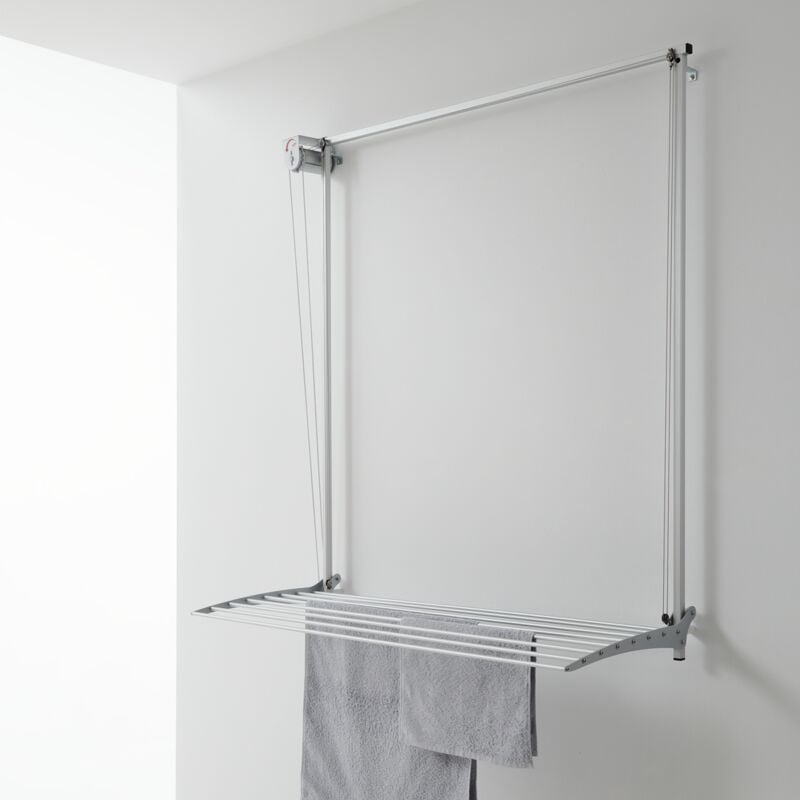 Manual Wall-mounted clothesline, upright, indoor and outdoor drying rack, in aluminium and steel Foxydry Wall Grey 88x52x137 cm