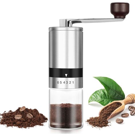 Manuelle Kaffeemühle, Manuelle Kaffeemühle, Edelstahl-Kaffeemühle mit 6 einstellbaren Stufen, Keramikgrat, verstellbare Handmühle für Zuhause, Büro oder Reisen