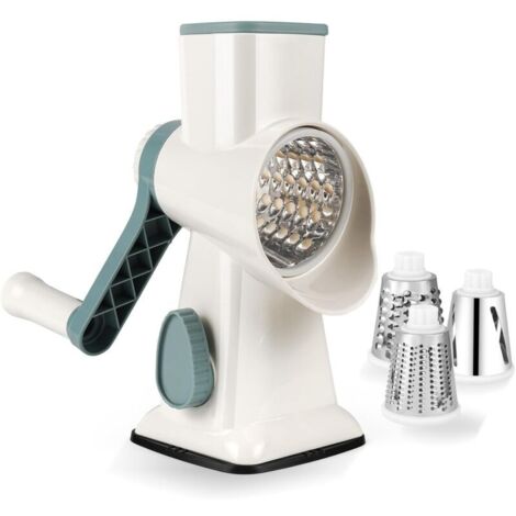 Manuelle Küchenmandoline, multifunktionaler Gemüseschneider mit 3 abnehmbaren Trommelklingen, Gemüseschneider für Kartoffeln, Karotten, Käse, Nüsse usw. (Weiß)
