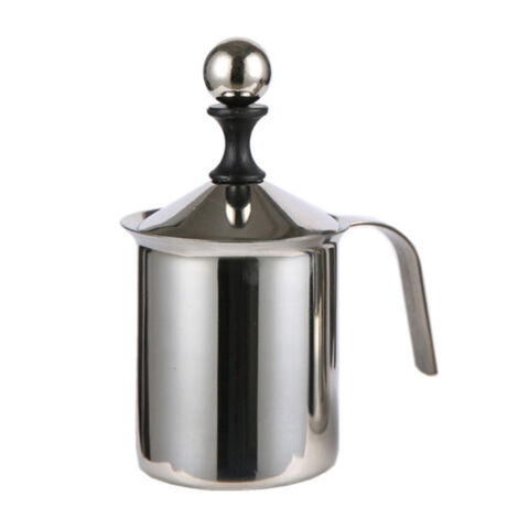 Manueller Milchaufschäumer aus Edelstahl (400 ml) mit Doppelfilter, beheizbar und leicht zu reinigen, mit Griff
