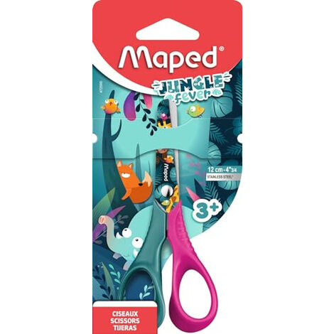 MAPED - CISEAUX POUR ENFANTS - CISEAUX JUNGLE FEVER - CISEAUX À BOUTS RONDS - LAMES 12 CM EN ACIER INOXYDABLE - ANNEAUX ERGONOMI