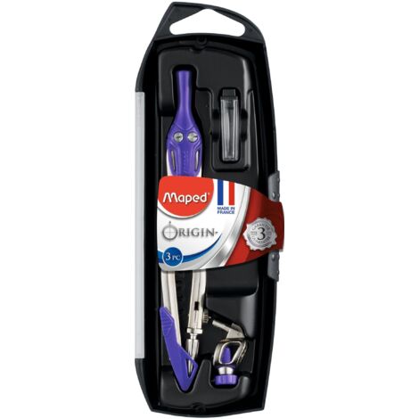 Maped - Coffret Origin 3 Pièces - Fabrication Française - Compas Scolaire + Bague Universelle + Étui-Mines - Avec Sécurité Protège Pointe et Mine + Branches en Acier - Coloris Aléatoire