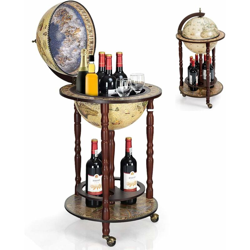 Image of Goplus - Mappamondo Bar Porta Bottiglie Scaffale per Vino in Modello Mappamondo Vintage Artistico, Supporto Robusto di Legno, con 3 Ruote