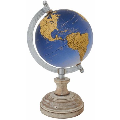 Mappamondo Blu con piedistallo in legno girevole sull'asse decorazione moderna h 24 cm