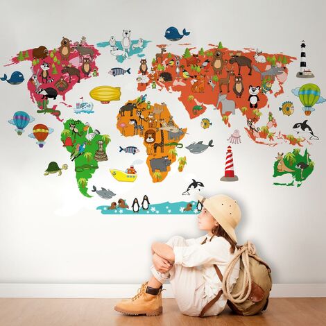 Kina Mappamondo degli animali Adesivo murale per bambini in tessuto ecologico