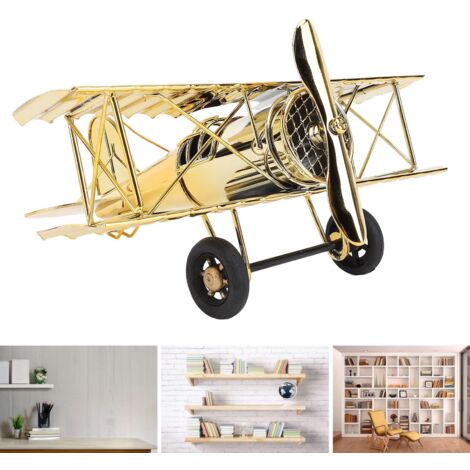 Maqueta de avión grande y antigua de hierro, avión decorativo de estilo retro para sala de estar, estudio o mueble de TV, chapada en oro, material: hierro, tamaño aproximado: 21,3 x 18,5 cm.