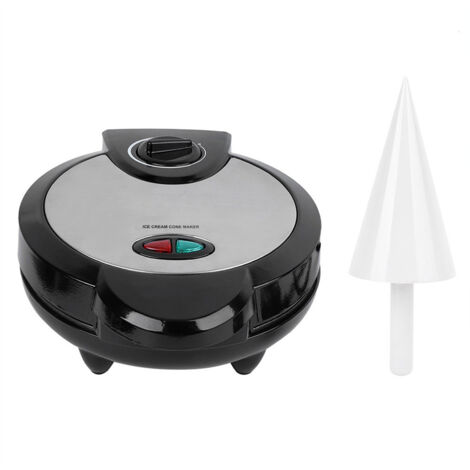 Máquina eléctrica para hacer conos de helado con 1200 W de potencia, rueda, placa antiadherente y carcasa de acero inoxidable para preparaciones caseras.