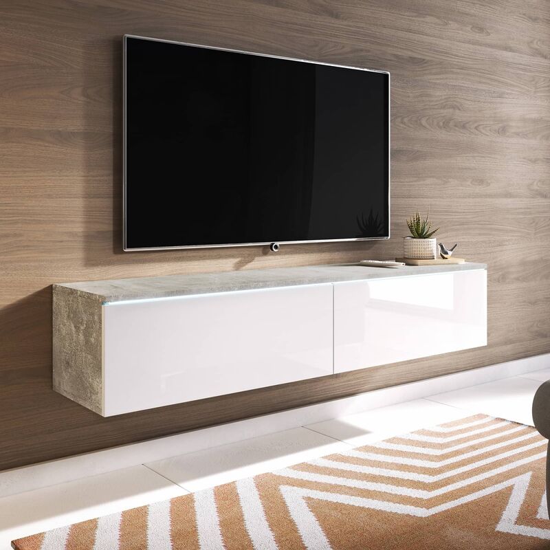 MARA - Meuble TV contemporain beige béton et laqué blanc avec LED 2 portes MARA - 140 cm - Beige