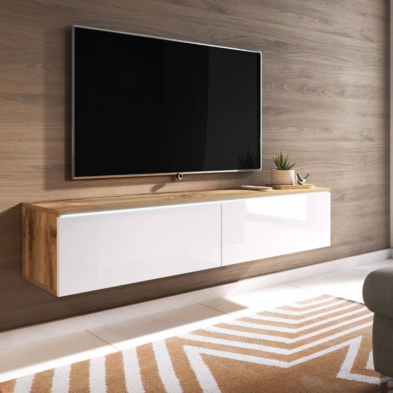 MARA - Meuble TV contemporain chêne et laqué blanc avec LED 2 portes MARA - 140 cm - Bois