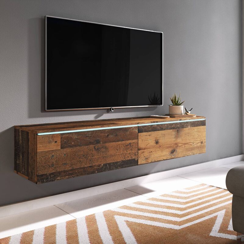 MARA - Meuble TV contemporain chêne vieilli foncé avec LED 2 portes MARA - 140 cm - Bois effet vieilli