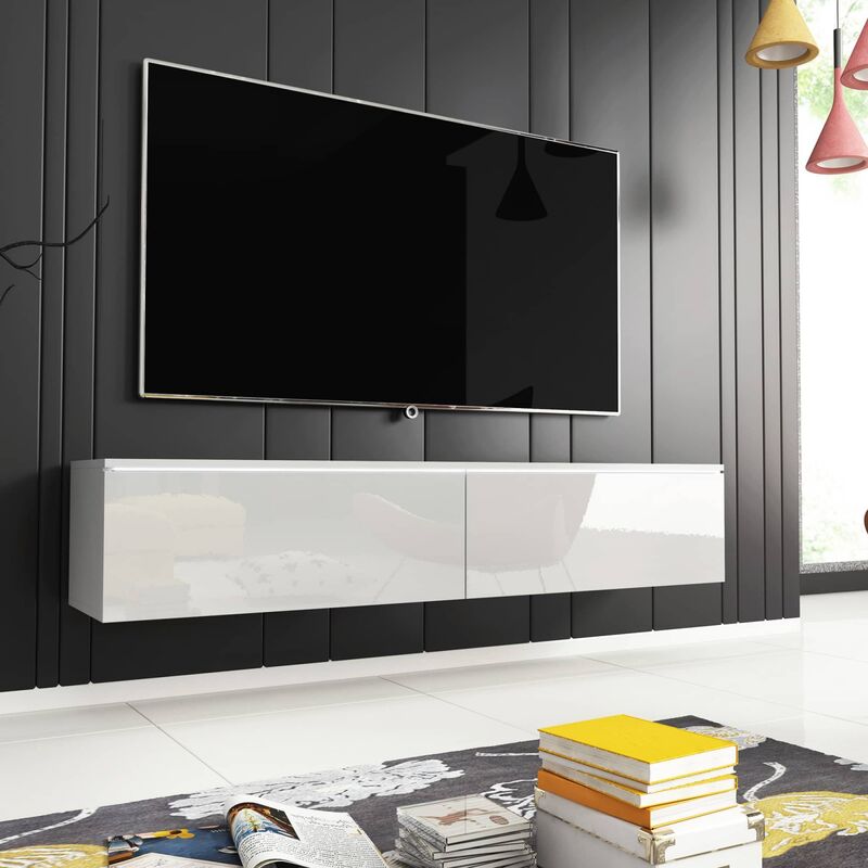 MARA - Meuble TV contemporain laqué blanc avec LED 2 portes MARA - 140 cm - Blanc