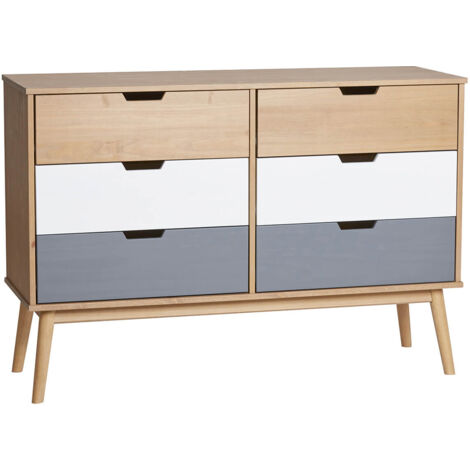 MARAS - Commode 6 Tiroirs Bois Massif, Blanc et Gris