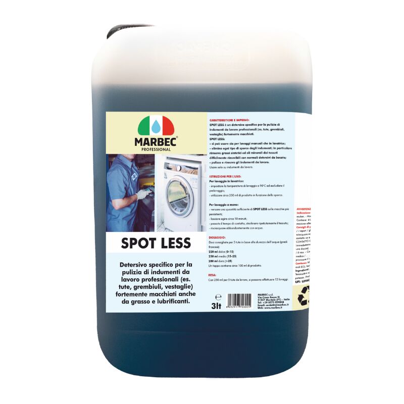 Image of Spot less 3LT Detersivo specifico per la pulizia degli indumenti da lavoro, soprattutto quelli molto sporchi da grasso e da lubrificanti. - Marbec