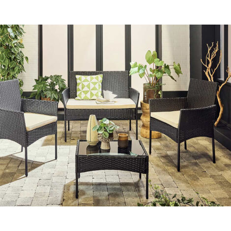 Marbella - gartenmöbel 4 personen - aus geflochtenem rattan - schwarz mit beigen kissen - schwarz / weiß