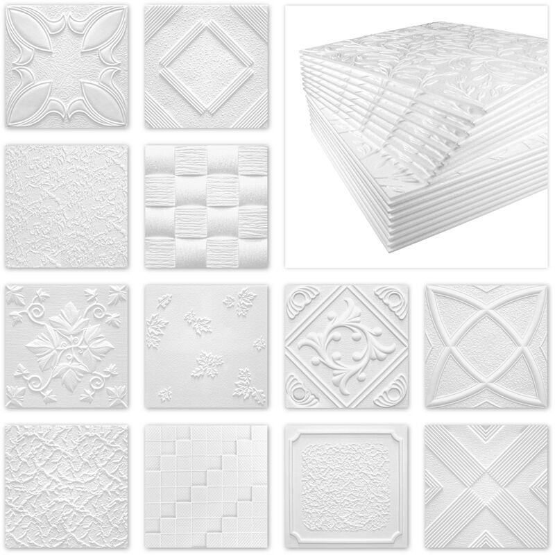 Marbet Design - dalles plafond polystyrène eps blanc 30 décors différents 50x50cm paquet économique: Flora, 2 m² / 8 panneaux