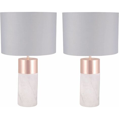 Pair Of Layered Cylinder White Marble And Copper Table Lamps With Grey Fabric Shades 57730x2