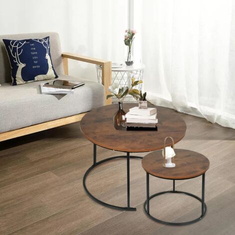 Marble Effect Coffee Table, Side Table for Living Room, Diameter 70 + 50 cm, Large Round, MDF, for Living Room, Bedroom, Balcony-70 x 70 x 45 cm (Burnt Wood + Black Legs)