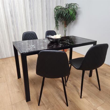 Marble Glass Dining Tbale with 4 Diamond Patterned Black Chairs  Dining Set for 4