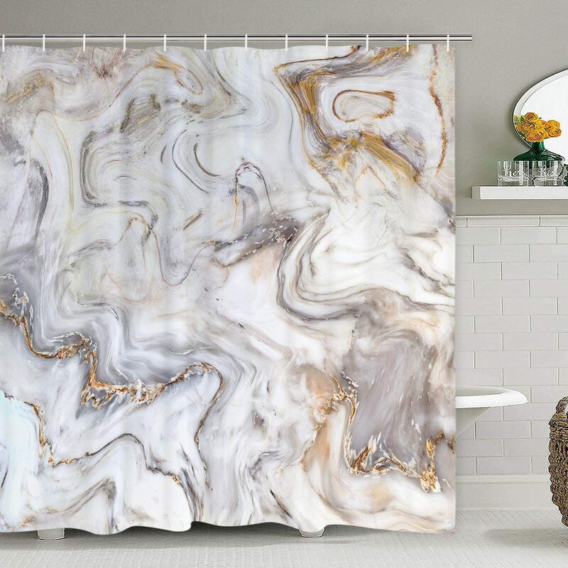 Marble shower curtain, gray gold white shower curtain with 12 hooks, bathroom marble texture shower curtain, waterproof fabric abstract art shower
