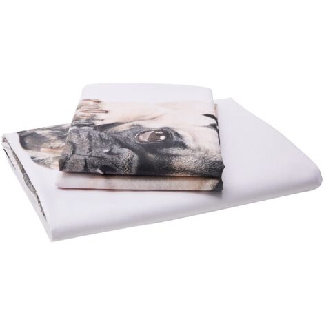 Marc Pug, set Copripiumino Matrimoniale e federe, decorazione con cani, bianco, king size