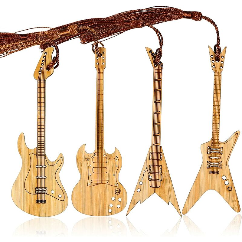 

Marcadores de bambú natural hechos a mano de 4 piezas con borlas, marcadores de página de lectura únicos en marcadores de estilo de guitarra de