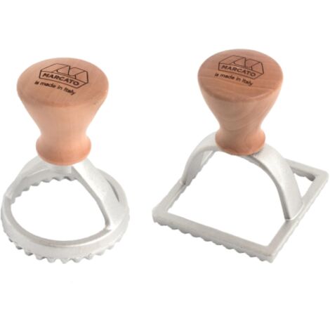 Marcato Kit Stampi per Ravioli e Biscotti, Forme per Ravioli, Formine per Biscotti, in Legno Massello e Alluminio Prossofuso, Stampino Rotondo da 58 mm + Stampino Quadrato da 58 mm. Modello: Raviolè