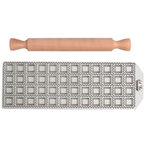 Marcato Stampo per Ravioli, Macchina per Ravioli, Forme per Ravioli Fatti in Casa, Taglio Quadrato da 25 mm, Spazio per Ripieno Abbondante, Mattarello in Legno Incluso, Made in Italy.