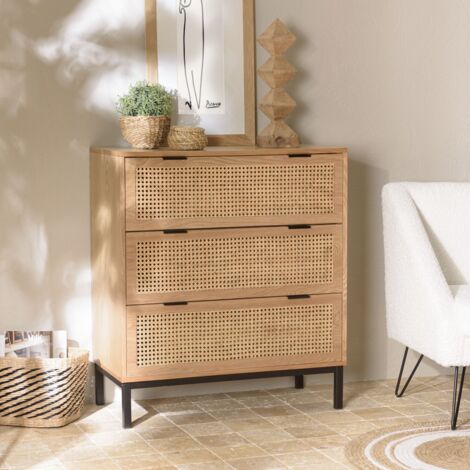 MARCEAU - Commode en bois 3 tiroirs cannage naturel pieds métal noir