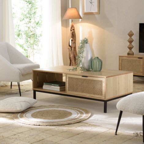 MARCEAU - Table basse bois 1 niche 2 tiroirs cannage pieds noir