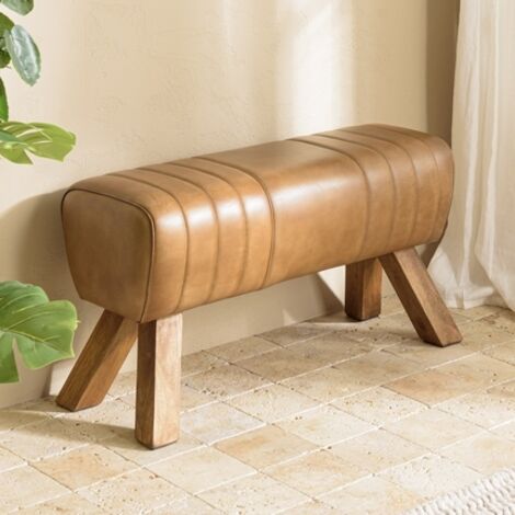 MARCEL - Banc matelassé cuir marron pieds inclinés en bois de manguier