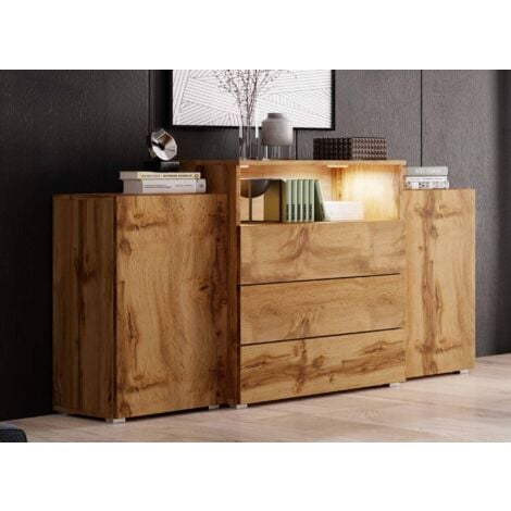 MARCEL - Buffet commodes 2 portes 3 tiroirs chêne avec LED - MARCEL