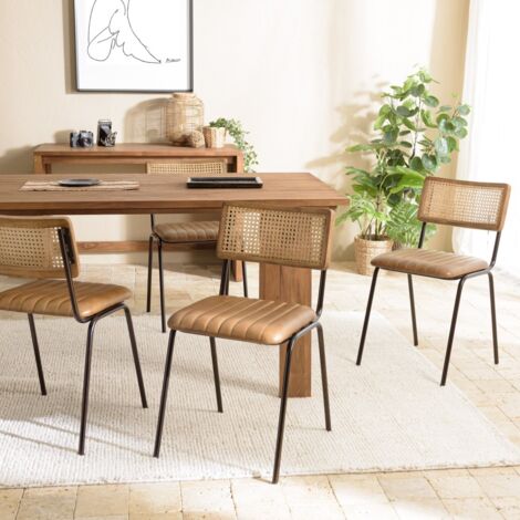 MARCEL - Lot de 2 chaises assise cuir dossier bois de manguier / rotin