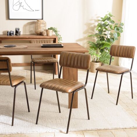 MARCEL - Lot de 2 chaises assise cuir dossier bois de manguier / rotin