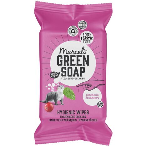 Marcel's Green Soap Salviette igieniche umide, 1 x 60 pezzi, patchouli e mirtillo a base di piante, ecologiche