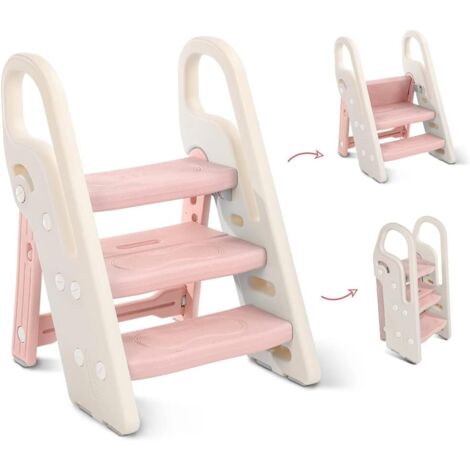 Marche Pied Pliable pour Enfant, Marchepied 3 Marches pour bébé, Marchepieds Hauteur réglable pour Chambre de bébé Rehausseur Stable, Multifonction et Antidérapant, avec Poignées Sécurité，654946cm，Ros