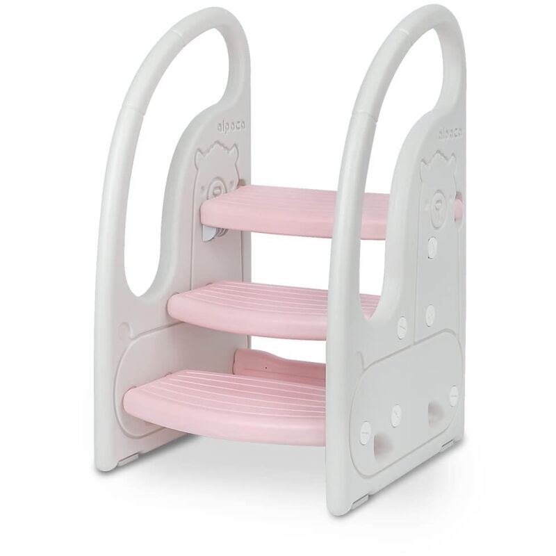 Marche Pied Enfant 3 Marches Antidérapant,Rehausseur Stable,Tabouret Bébé Multifonction avec Poignées,Apprentissage de la propreté,Gris Rose