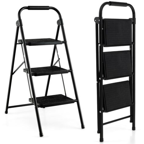 Marchepied 3 Marches Pliant Largie Cadre Métallique Lourd Pédale Antidérapante 64 x 39 x 90 cm Capacité 150 kg Noir CW9614 DESIGN IN