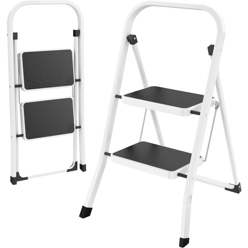Marchepied à 2 Marches Pliable Escabeau Métallique Antidérapante Marche 30 x 20 cm, Capacité 150 kg 46.5 x 55.5 x 81.5cm Blanc