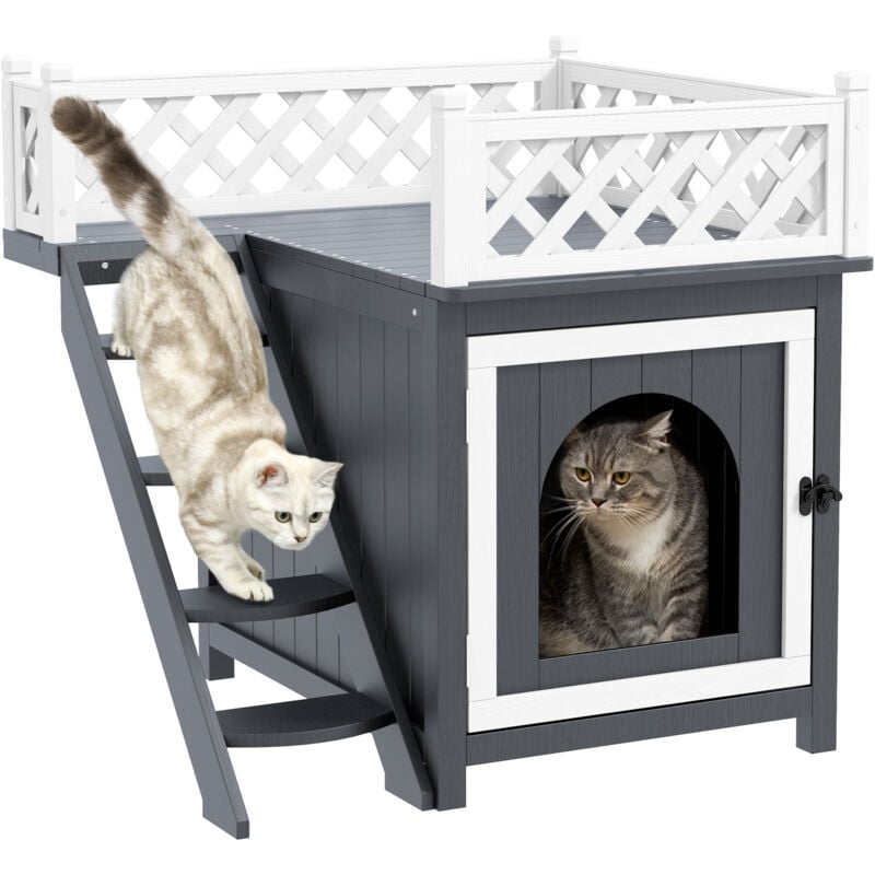 Maison niche chat sur pied - 2 niveaux, porte loquet, terrasse, escalier - bois gris blanc