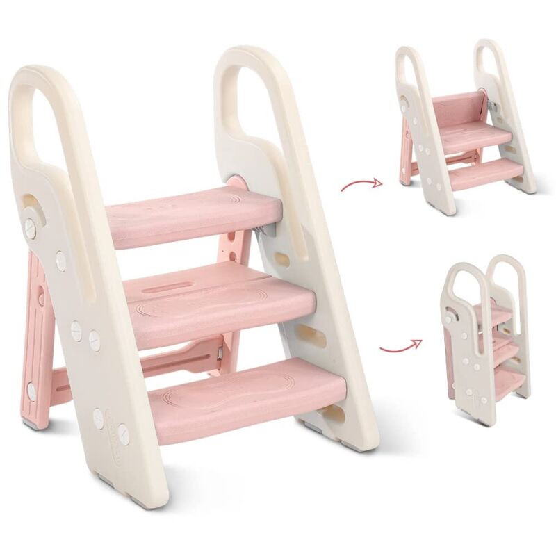 Marchepied Pliable Enfant avec 3 Marches Antidérapant,Rehausseur Stable,Hauteur Réglable,Multifonction avec Poignées Sécurité - Rose