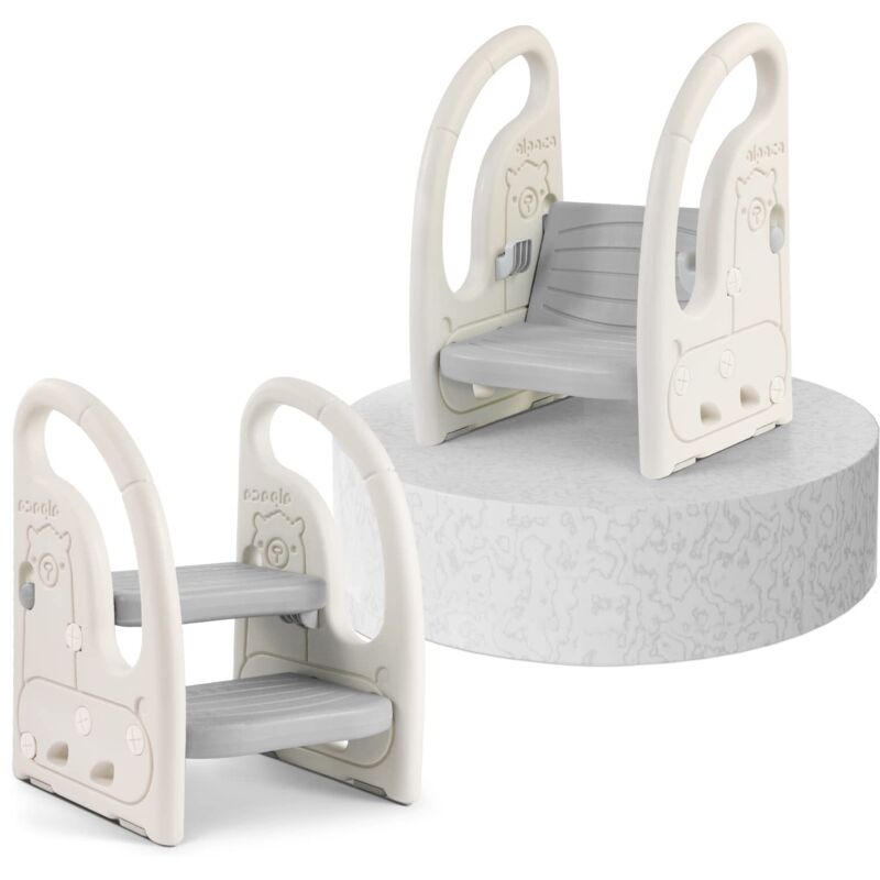 Yoleo - Marchepied Enfant Bébé avec 2 Marches Antidérapant,Réglable en Hauteur,Marche Pied Multifonction Stable avec Poignées - Gris