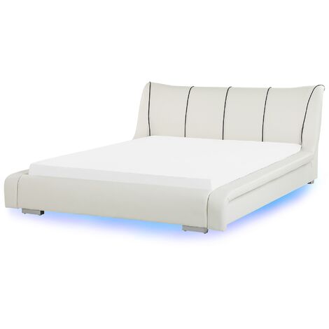 Marco de cama de piel blanca con iluminación LED 180 x 200 cm con somier de listones y cabecero tapizado Nantes - Blanco