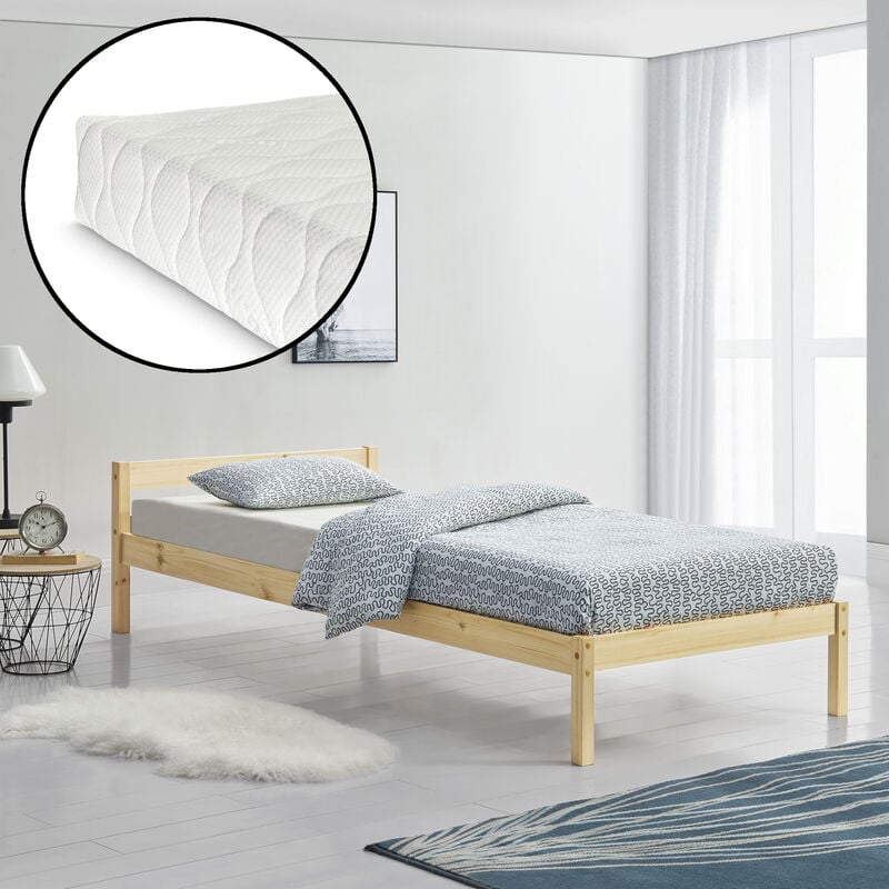 

Marco de cama individual con Listones y con Colchón - de Pino - Somier - 90x200 cm - Madera natural
